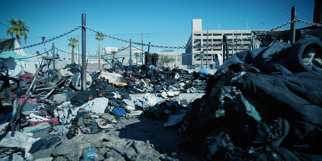 This photo depicts the homeless encampment that burned down in Phoenix, Arizona. 