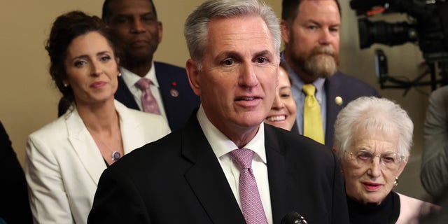 Speaker of the House Kevin McCarthy, R-Calif., joined by fellow Republican lawmakers, holds a press conference at the US Capitol on March 24, 2023, in Washington, DC McCarthy speaks after the House passes Parents Bill of Rights Act, 213 -208, sends the bill to the Senate.