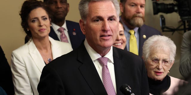 Speaker of the House Kevin McCarthy, R-Calif., joined by fellow Republican lawmakers, holds a press conference at the US Capitol on March 24, 2023, in Washington, DC McCarthy speaks after the House passes Parents Bill of Rights Act, 213 -208, sends the bill to the Senate.