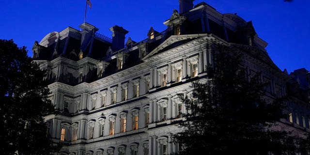 A bird flies over the Eisenhower Executive Office Building on the White House complex on June 1, 2021, in Washington D.C. A fire broke out at the building Friday morning.