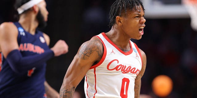 Marcus Sasser of the Houston Cougars reacts during halftime against the Auburn Tigers in the second round of the NCAA Tournament at Legacy Arena at BJCC on March 18, 2023, in Birmingham, Ala.