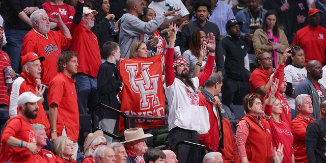 Houston Cougars fans cheer during halftime against the Auburn Tigers in the second round of the NCAA Tournament at Legacy Arena at BJCC on March 18, 2023, in Birmingham, Ala.
