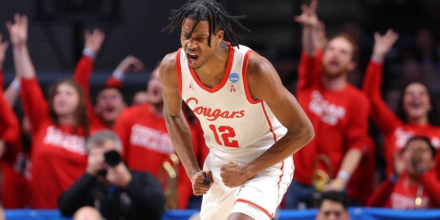 Tramon Mark of the Houston Cougars responds after a play during the second half against the Auburn Tigers in the second round of the NCAA Tournament at Legacy Arena at BJCC March 18, 2023, in Birmingham, Ala.