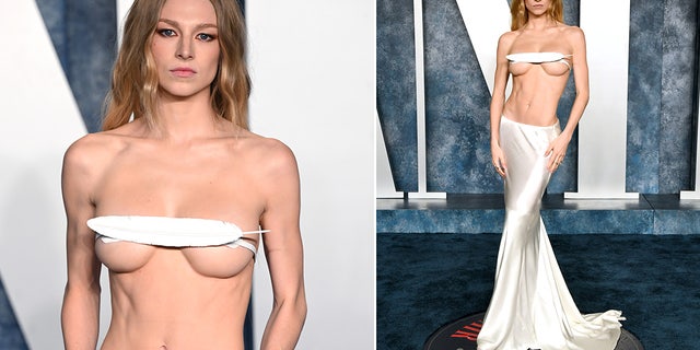 Hunter Schafer became a viral sensation for her white feather top at the Vanity Fair party.