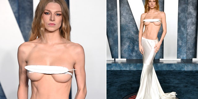 Hunter Schafer became a viral sensation for her white feather top at the Vanity Fair party.