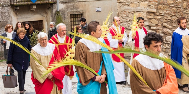 Clergy and parishioners are shown carrying palms during a Palm Sunday service.