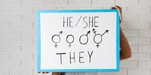 Wanita memegang tanda dengan kata ganti gender dan simbol di dekat dinding bata putih