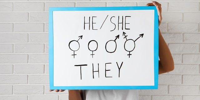 Wanita memegang tanda dengan kata ganti gender dan simbol di dekat dinding bata putih
