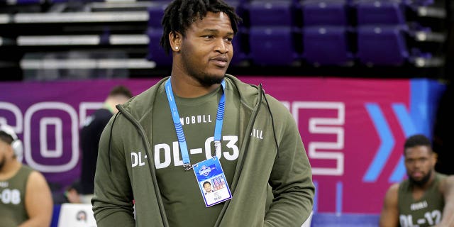 Georgia's Jalen Carter looks on during the NFL Combine at Lucas Oil Stadium on March 2, 2023 in Indianapolis, Indiana. 