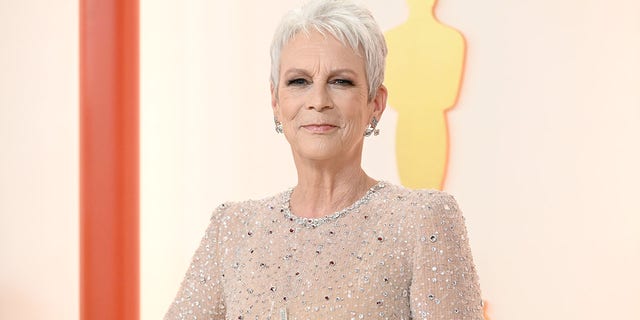 Jamie Lee Curtis rocks sheer sparkling Dolce &amp; Gabbana dress at Oscars. 