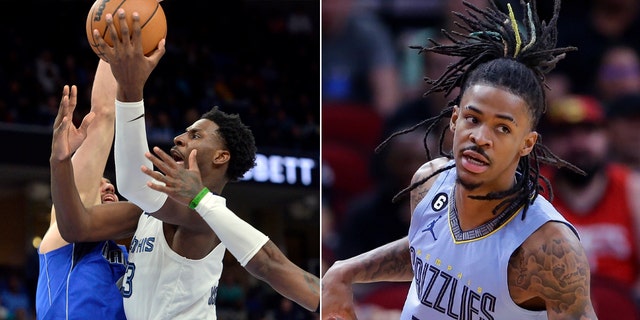 Memphis Grizzlies forward Jaren Jackson Jr., left, shoots in the second half of a game in the return Monday, March 20, 2023, of Ja Morant, right, in Memphis. 