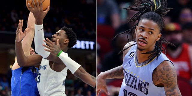 Memphis Grizzlies forward Jaren Jackson Jr., left, shoots in the second half of a game in the return Monday, March 20, 2023, of Ja Morant, right, in Memphis.