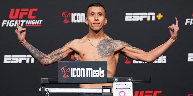 LAS VEGAS, NEVADA – JUNE 03: Jeff Molina poses on the scales during the UFC Fight Night weigh-in at UFC APEX on June 03, 2022 in Las Vegas, Nevada. 
