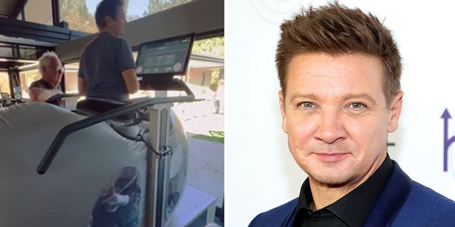 Jeremy Renner uses high-tech machine to walk again after snowplow accident.