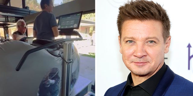 Jeremy Renner uses high-tech machine to walk again after snowplow accident.