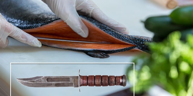 Stock images show a person filleting a fish on a cutting board and, inset, a Ka-Bar knife.