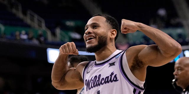 Kansas State guard Markquis Nowell (1) reacts during the second half of a first-round college basketball game against the Montana State in the NCAA Tournament on Saturday, March 18, 2023, in Greensboro, N.C. (AP Photo/John Bazemore)