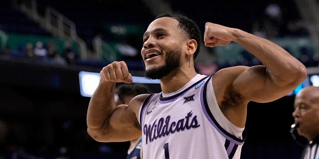 Kansas State guard Markquis Nowell reacts during the Montana State game in the NCAA Tournament on Saturday, March 18, 2023, in Greensboro, North Carolina.