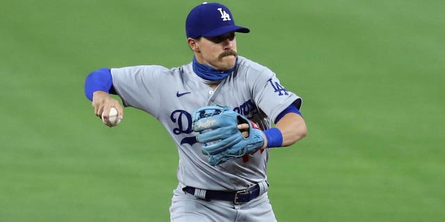 Enrique Hernández of the Los Angeles Dodgers plays shortstop during a game against the San Diego Padres at Petco Park Aug. 4, 2020, in San Diego.