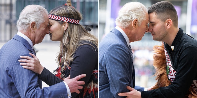 King Charles welcomed two individuals with the traditional Maori greeting outside Westminster Abbey.
