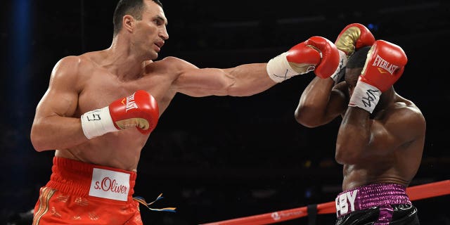 Wladimir Klitschko, left, of the Ukraine, and Bryant Jennings of the USA exchange blows during their world heavyweight championship fight on April 25, 2015, at Madison Square Garden in New York.