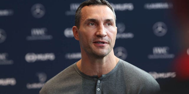 Wladimir Klitschko speaks to journalists during an interview at the Mercedes-Benz building prior to the Laureus World Sports Awards Feb. 17, 2020, in Berlin, Germany.