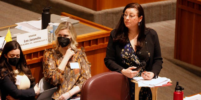 State Sen. Katy Duhigg, top right, guides an hours-long debate on a bill that would shore up abortion access statewide amid a flurry of local anti-abortion ordinances on March 7, 2023, in Santa Fe, New Mexico. Gov. Grisham signed the abortion-rights bill Thursday.