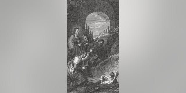 A copper engraving of Jesus waking Lazarus from the dead.