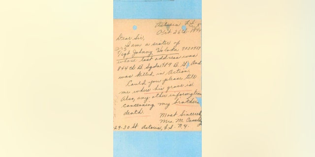 Above, a letter Keith Levatino's grandmother wrote in October 1944 trying to find some answers about what happened to her brother.