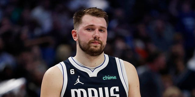 Luka Doncic, #77 of the Dallas Mavericks, reacts on the court in the second half against the Golden State Warriors at American Airlines Center on March 22, 2023, in Dallas, Texas. 