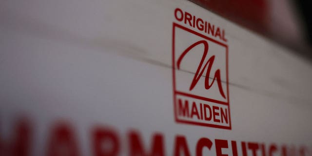 Maiden Pharmaceuticals Ltd. company logo is seen on a billboard in New Delhi, India on October 6, 2022. 