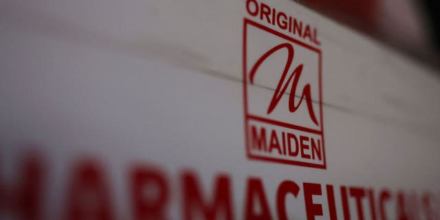 Maiden Pharmaceuticals Ltd. company logo is seen on a billboard in New Delhi, India on October 6, 2022. 