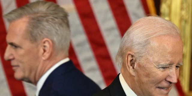 House Speaker Kevin McCarthy and President Biden celebrating St. Patrick's Day at the U.S. Capitol on March 17, 2023.