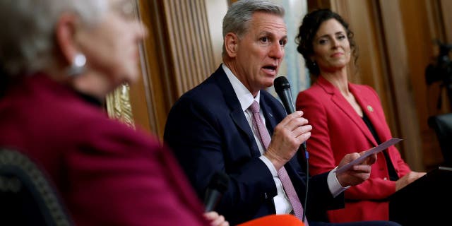House Speaker Kevin McCarthy (R-CA) delivers remarks at an event to introduce the Parents' Rights Act with Rep. Virginia Foxx (R-VA) (L) and Rep. Julia Letlow (R-LA) in the Rayburn Chamber at the United States Capitol on March 1, 2023 in Washington, DC.