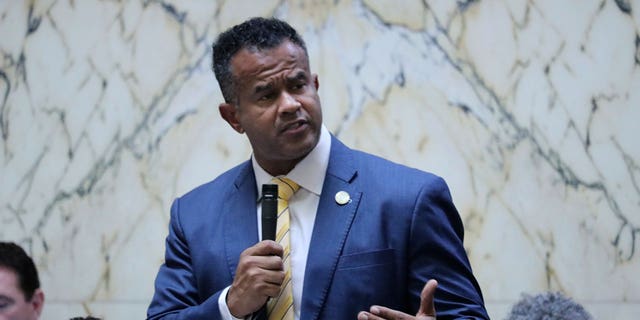 Del. C.T. Wilson speaks in support of legislation that would build a framework for legal recreational marijuana sales in the state on March 10, 2023, in Annapolis, Maryland.