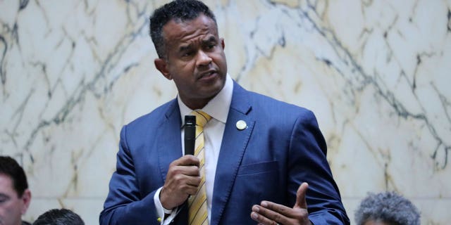 Del. C.T. Wilson speaks in support of legislation that would build a framework for legal recreational marijuana sales in the state on March 10, 2023, in Annapolis, Maryland.