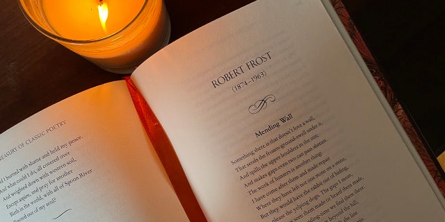 The poem "Mending Wall" (1914) by Robert Frost, as shown in "A Treasury of Classic Poetry" from Barnes & Noble.