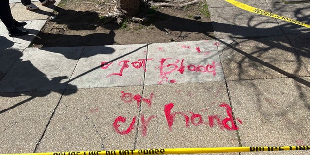 A demonstrator defaced the sidewalk during a rally outside the Senate. 