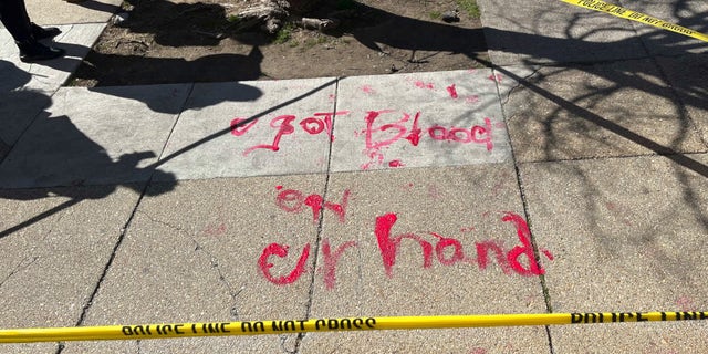 A demonstrator defaced the sidewalk during a rally outside the Senate. 