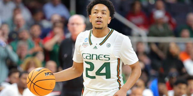 Nijel Pack #24 of the Miami Hurricanes handles the ball against the Drake Bulldogs during the first half during the first round of the 2023 NCAA Men's Basketball Tournament held at MVP Arena on March 17, 2023, in Albany, New York. 