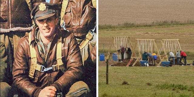 On the right, archeologists search for remains in a field in Arundel in 2019. At left, Lt. William Montgomery had been lost since his B-24 Liberator came down on land near Arundel, West Sussex, in June 1944. 