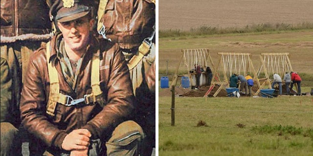 On the right, archeologists search for remains in a field in Arundel in 2019. At left, Lt. William Montgomery had been lost since his B-24 Liberator came down on land near Arundel, West Sussex, in June 1944.
