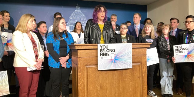 Minnesota State Rep. Leigh Finke, a Democrat from St. Paul, speaks at a news conference at the State Capitol, Thursday, March 23, 2023, in St. Paul, Minnesota. Minnesota is moving to strengthen the state’s protections for children and their families who come for gender-affirming care by making itself a "trans refuge state," in opposition to conservative states that say such care is life-altering and harmful for children.