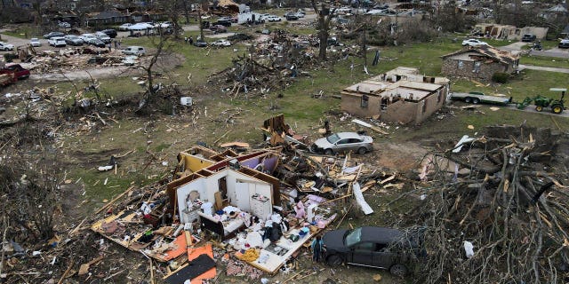 Tornado damage in Rolling Fork, Mississippi, from a recent violent storm in the area. Americans in the South and Midwest are again being told to brace for severe weather conditions as another major storm system passes through Middle America.