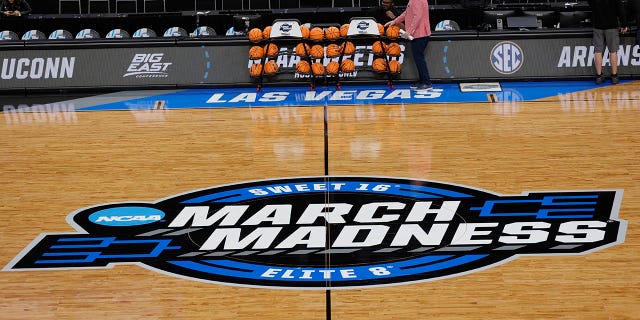 Detail shots of the court on West Regional - Practice Day at T-Mobile Arena on March 22, 2023, in Las Vegas, Nevada.