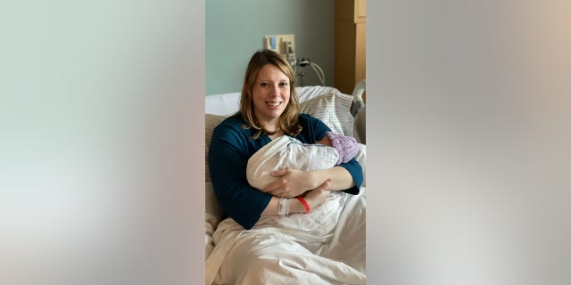 Victoria Matthews gives birth to her first baby at the same hospital she was born in nearly 30 years ago.