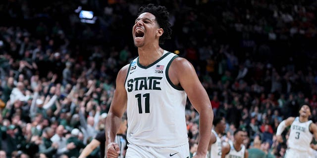 A.J. Hoggard of the Michigan State Spartans celebrates a basket against the USC Trojans during the second half in the first round game of the NCAA men's basketball tournament at Nationwide Arena March 17, 2023, in Columbus, Ohio.