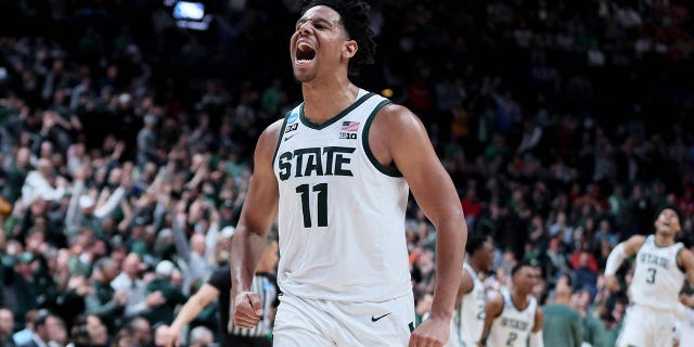 AJ Hoggard of the Michigan State Spartans celebrates a basket against the USC Trojans during the second half of a first round game of the NCAA Men's Basketball Tournament at Nationwide Arena on March 17, 2023 in Columbus, Ohio. 