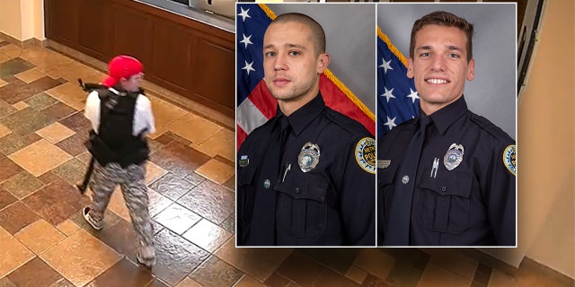 Metro Nashville Police Chief John Drake identified the two officers, inset, who fatally shot suspected school shooter Audrey Elizabeth Hale on March 27, 2023.