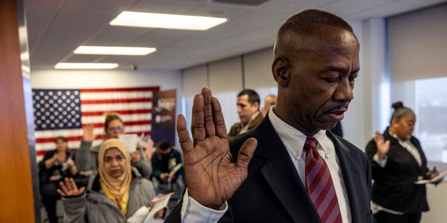 Under Good's bill, U.S. naturalization ceremonies like this one in Newark, New Jersey this year would have to be conducted in English. (Photo by John Moore/Getty Images)